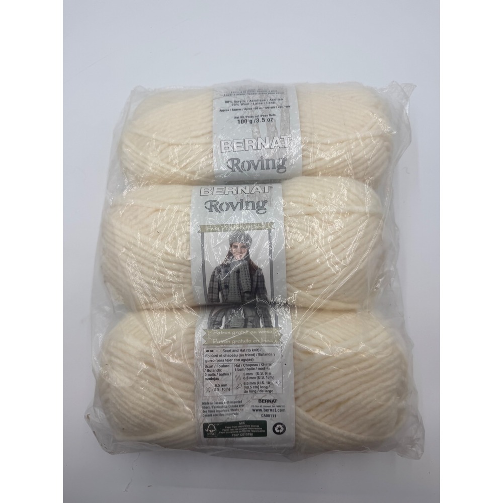 Bernat Roving Yarn Rice Paper Off White Bulky Wool Blend 3 Skeins 10.5oz Total